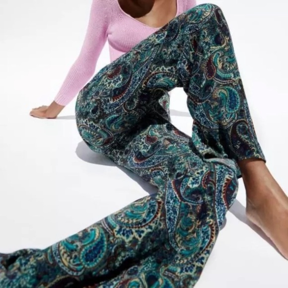 Zara Wide Leg Paisley Printed Flare Leg Pants SZ L - Picture 3 of 8